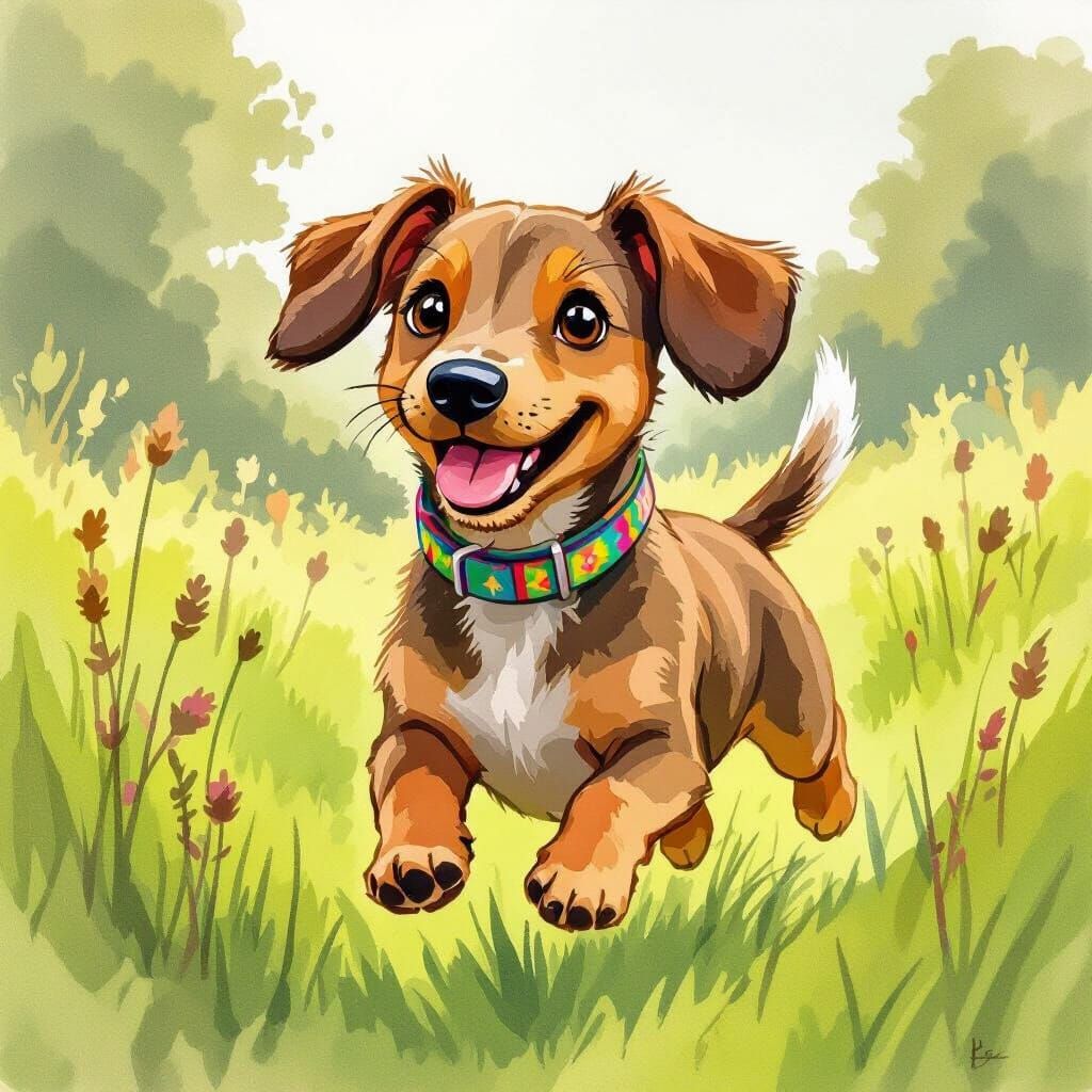 Sausage Dog Runs in Meadow: Watercolour Illustration