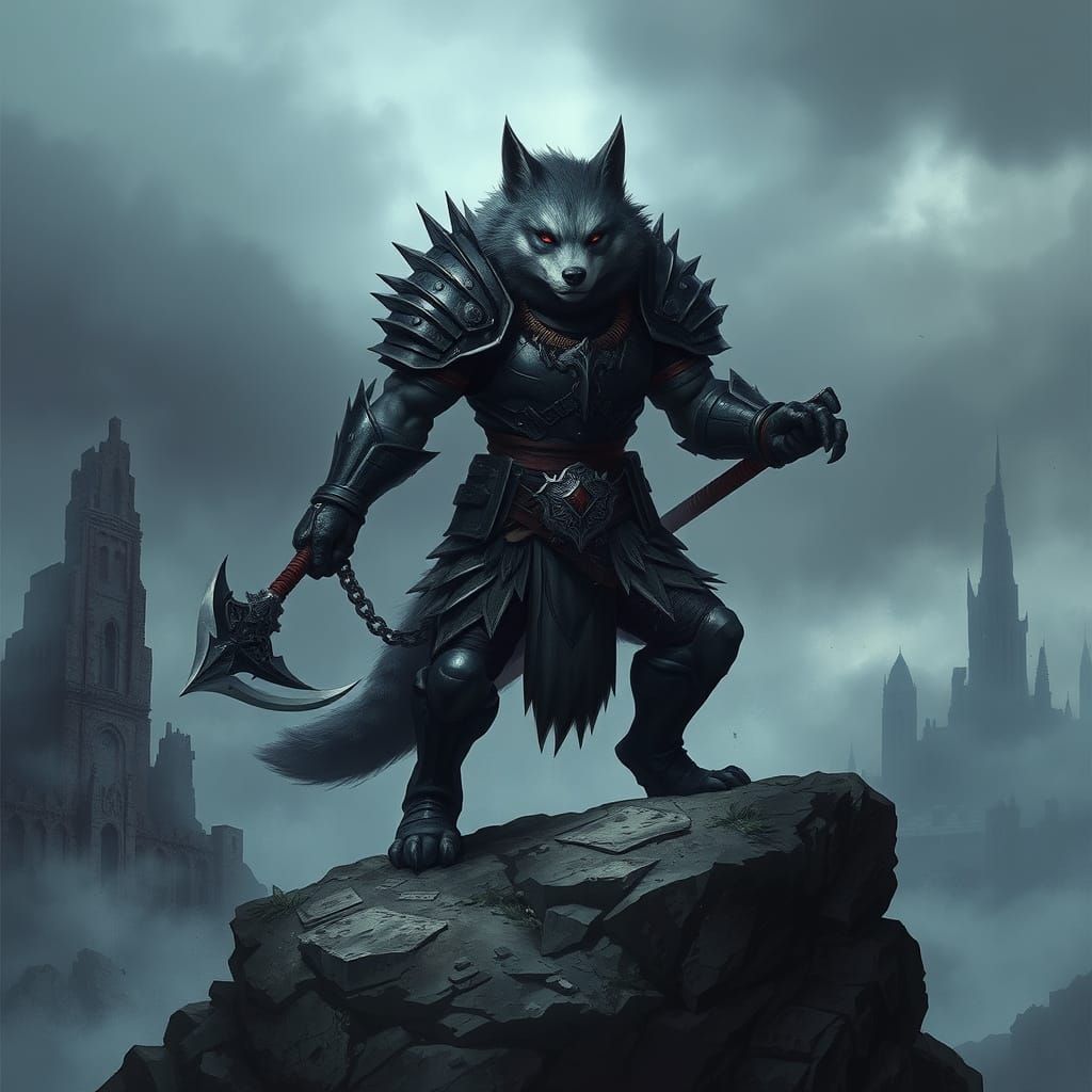 Cyberpunk Wolf Warrior Emerges from Ruined Metropolis