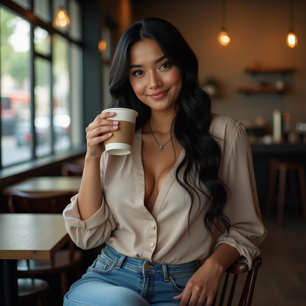 Indonesian Beauty Sips Coffee in Urban Oasis