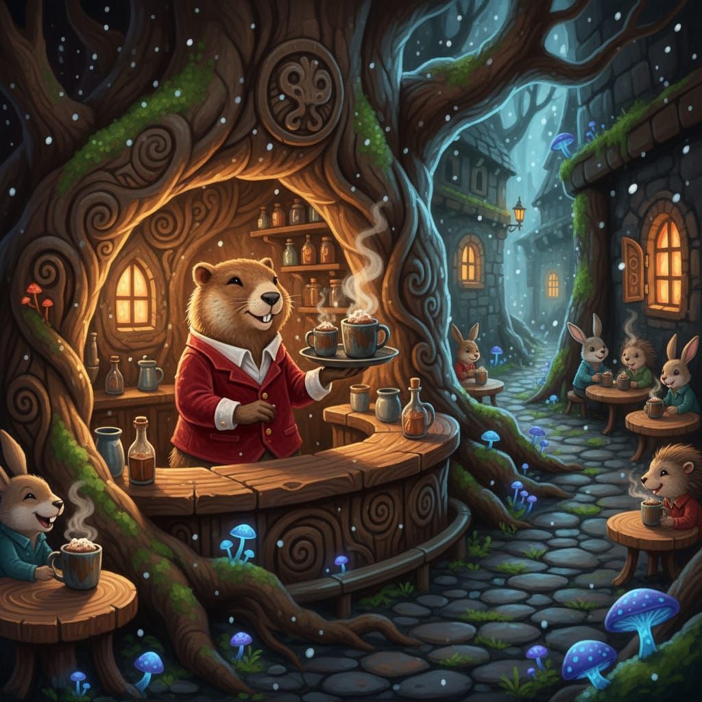 Whimsical Marmot Serves Chocolate in Enchanted Tree Tavern