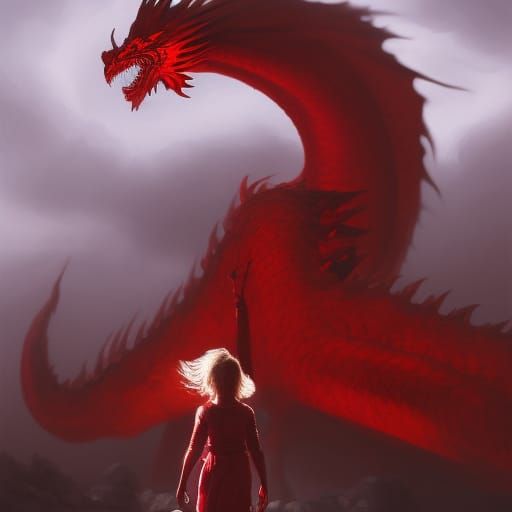 Welsh Girl and Red Dragon in Dark Fantasy Style