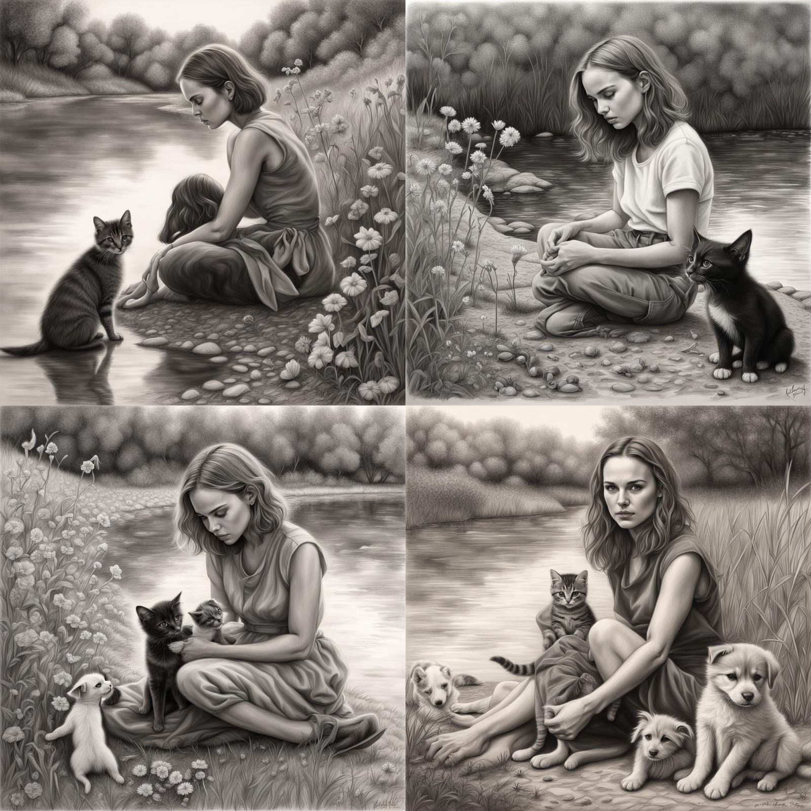 Detailed Charcoal Drawing of Woman with Kitten and Puppy