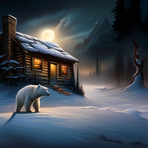 Polar Bear Walks to Cozy Log Cabin
