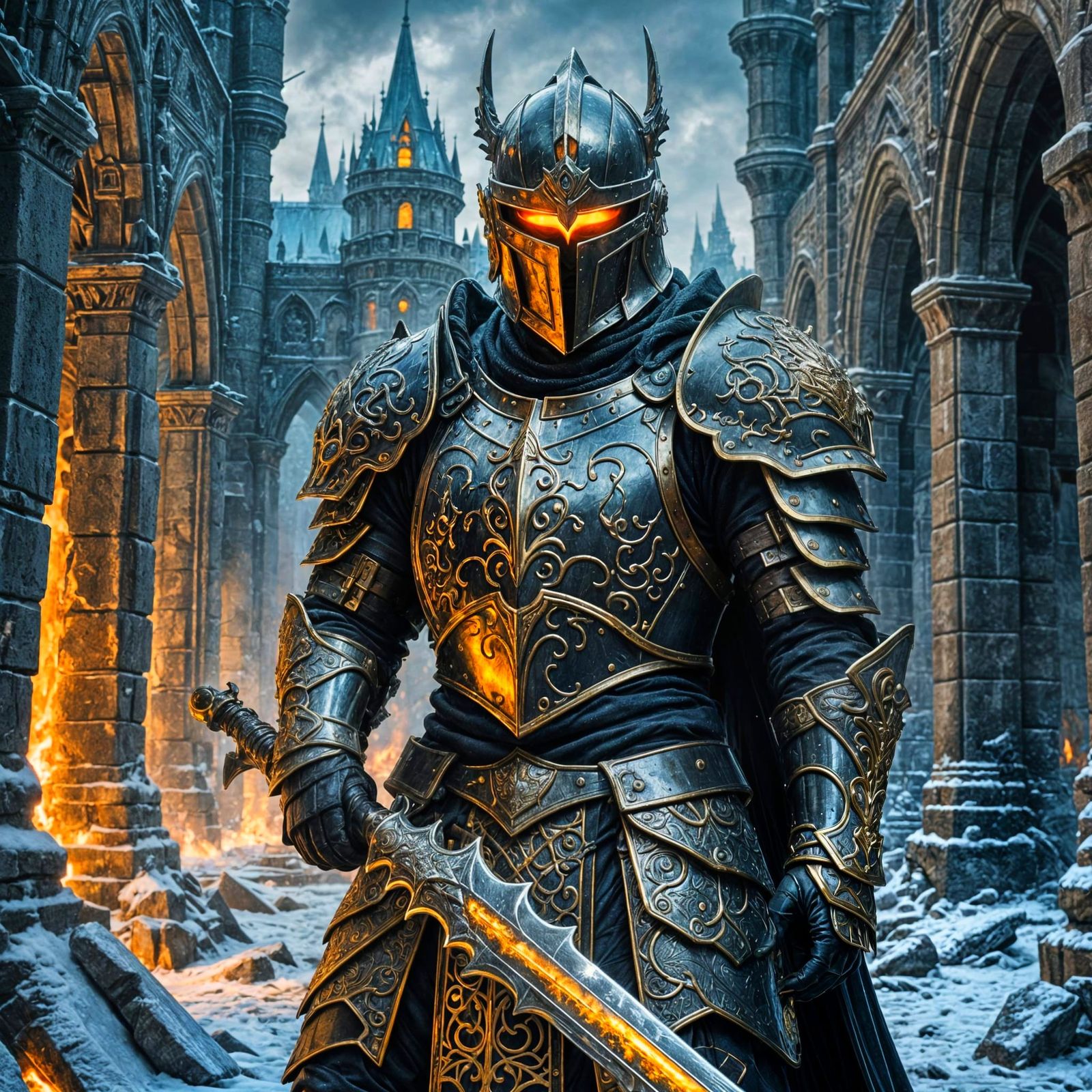 Ominous Knight in Frozen Ruins with Glowing Eyes