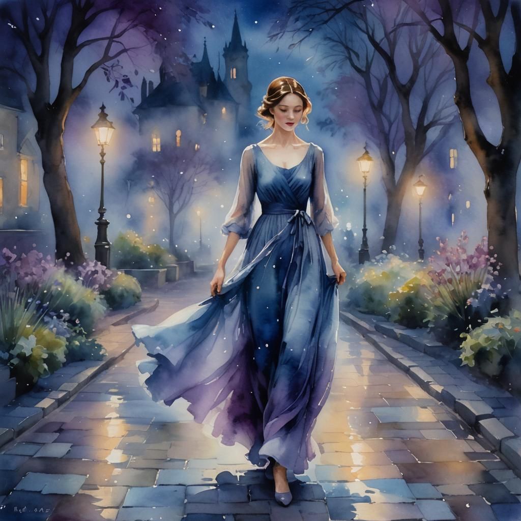 Impressionist Woman in Misty Garden at Night