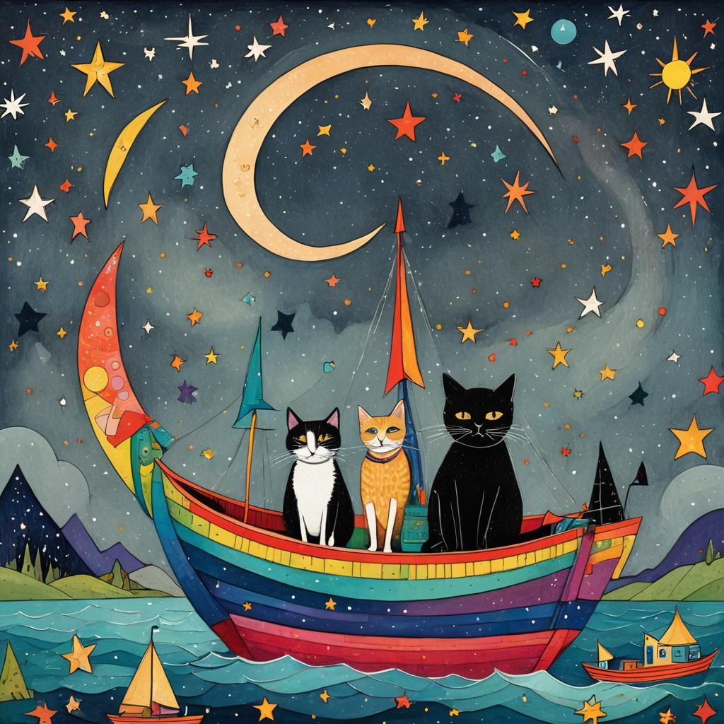 Whimsical Cat and Friend Sailing on Crescent Moon