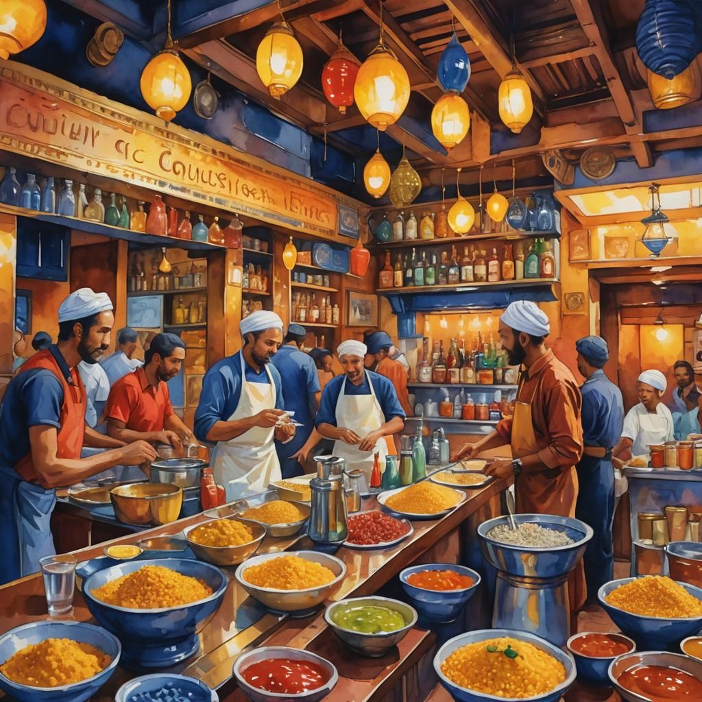 Exotic Couscous Bar in Gouache Watercolor Style