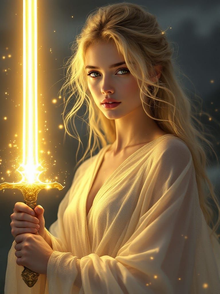 Ethereal Warrior Goddess with Radiant Golden Sword