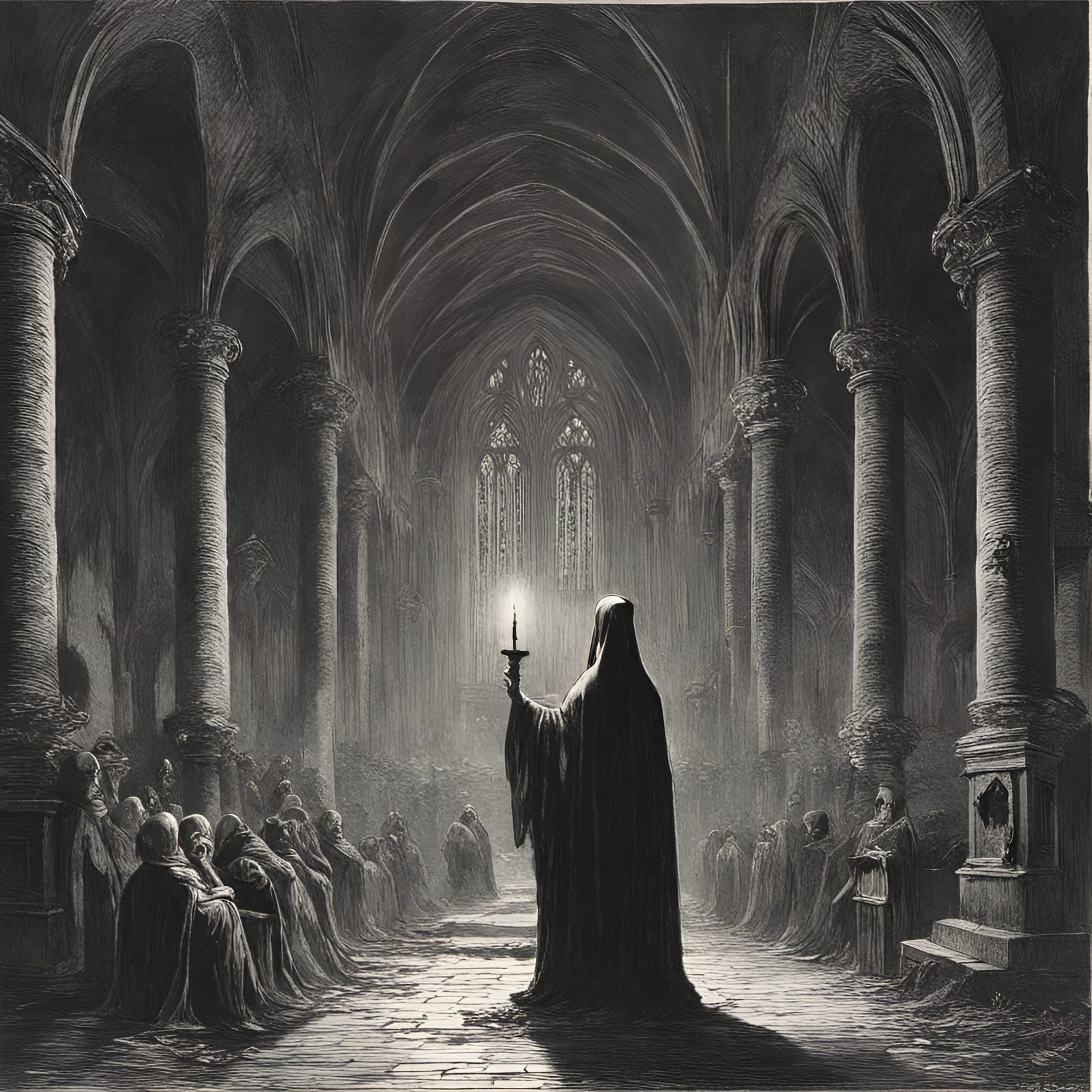 Ethereal Nun in Candlelit Church, Horror Art