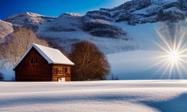 Cottage by Frozen Lake in Mountain Valley