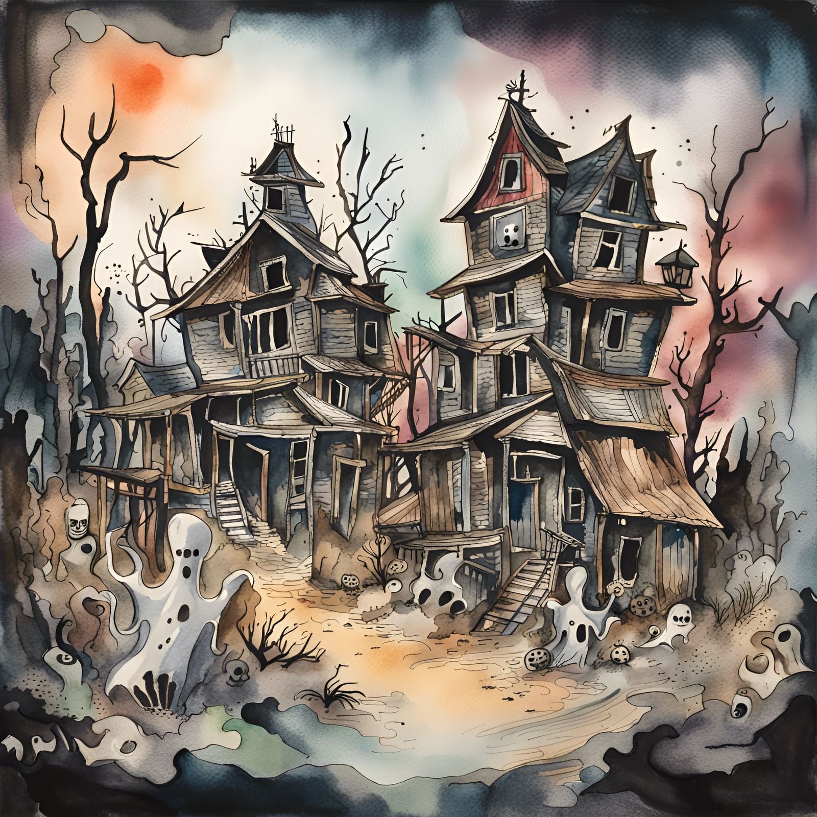 Spooky Ghost Town in Watercolor and Ink