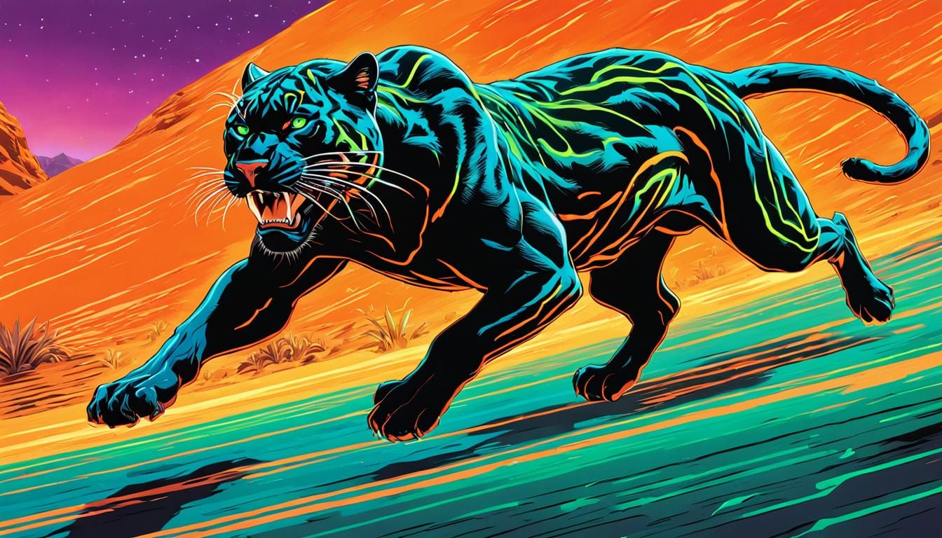 Neon Panther Sprinting Through Orange Desert, Comic Book Art