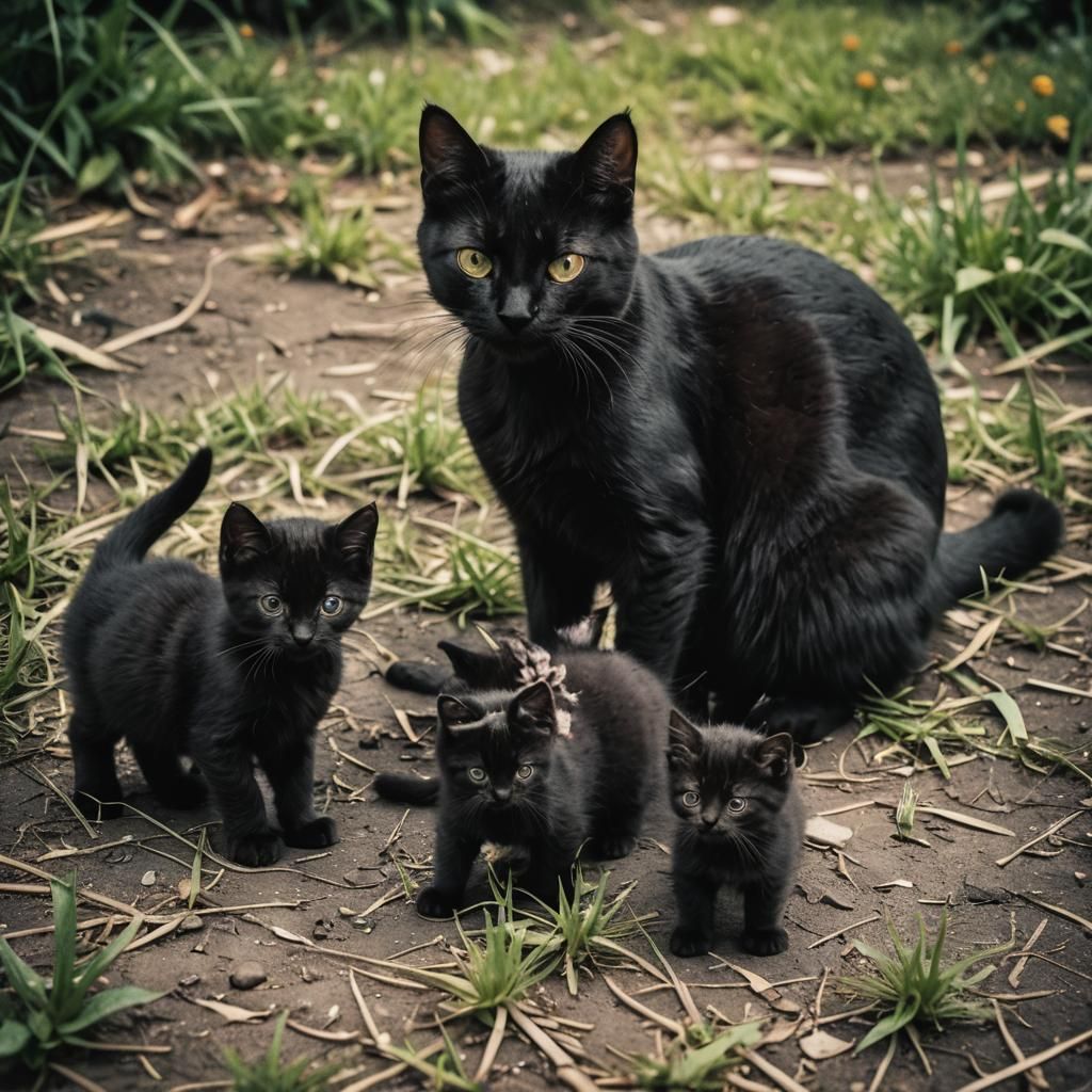 Cinematic Black Kittens with Mother Cat