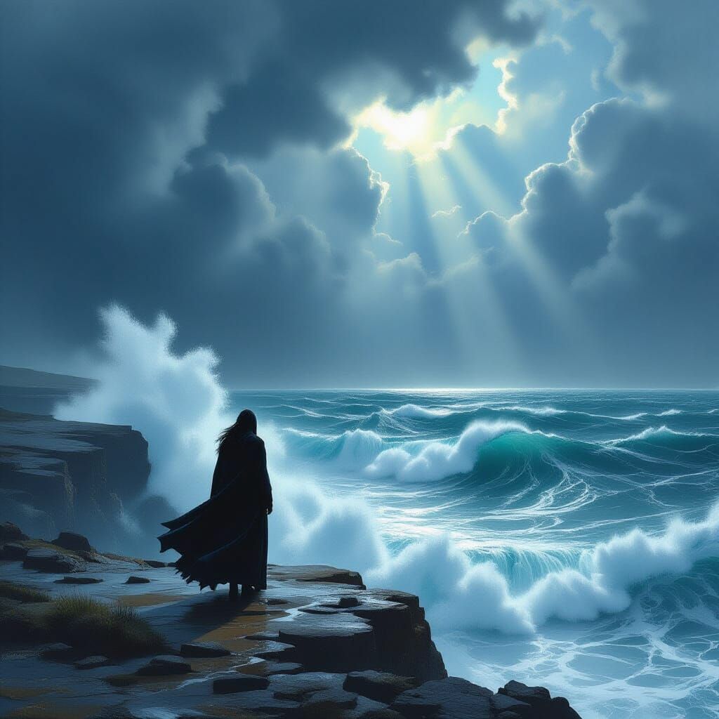 Figure on Cliff Overlooking Stormy Sea