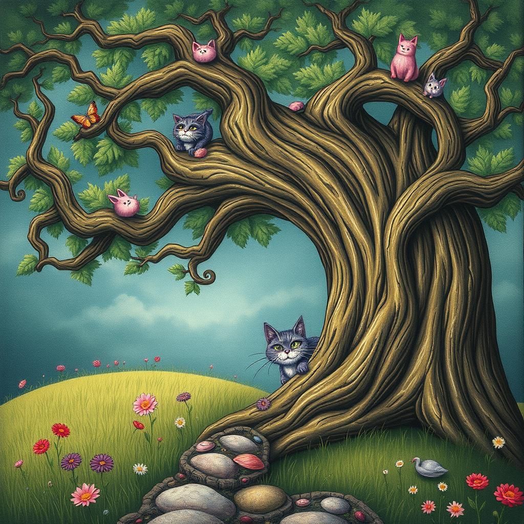 Cheshire Cat Peeking from Tree of Life