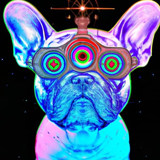 Cybernetic French Bulldog with Red Eyes in Mixed Media