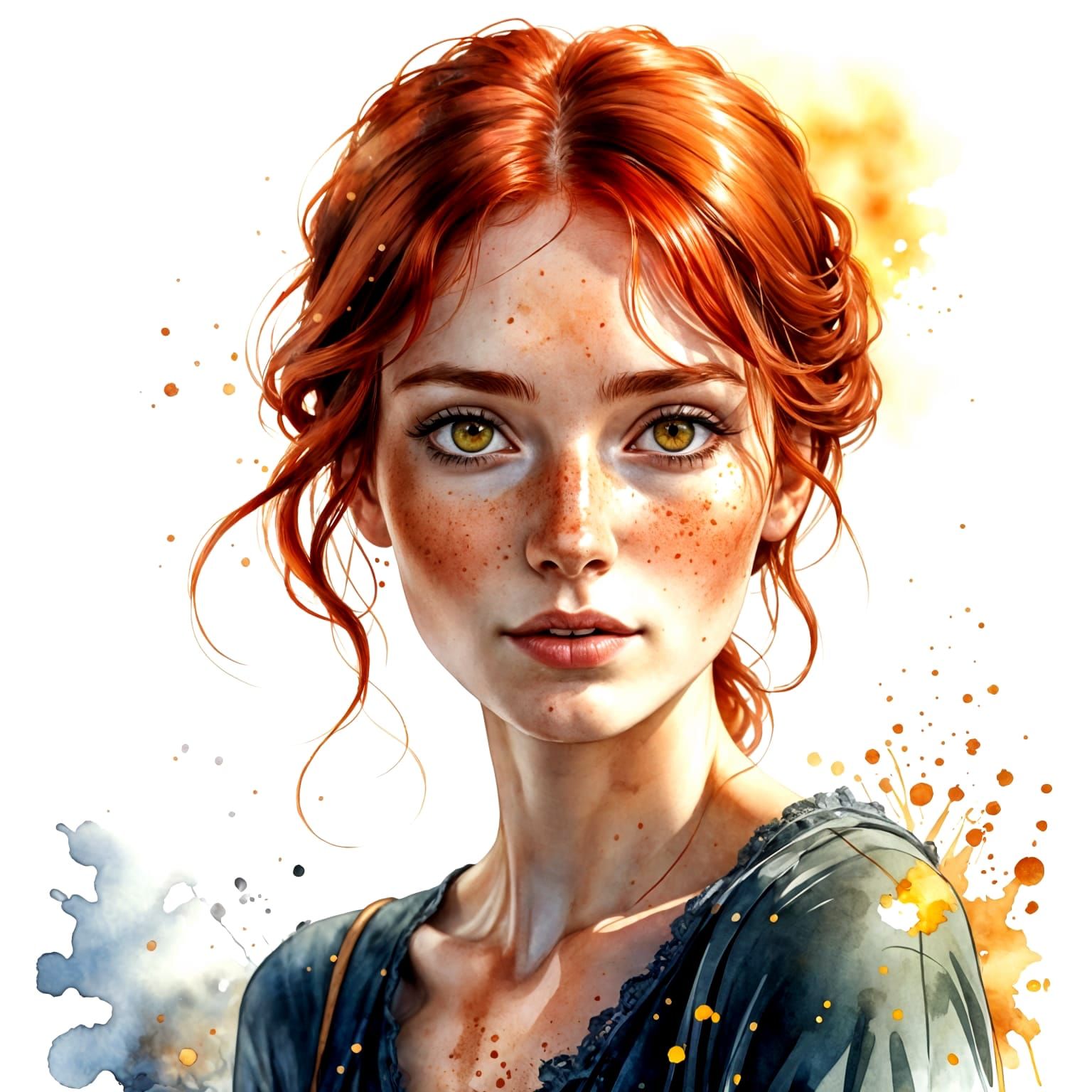 Watercolor Ink Drawing of a Redhead Woman