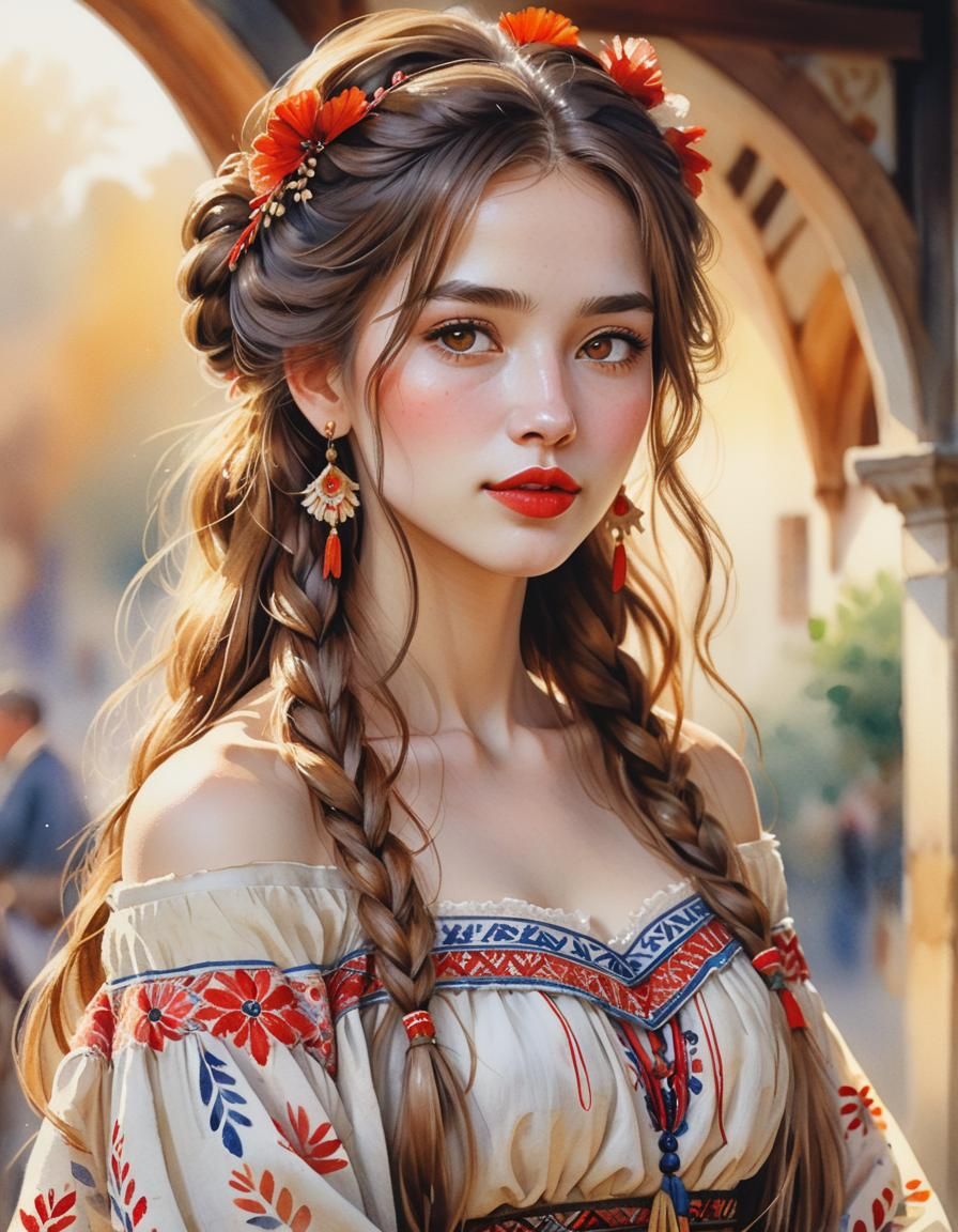 Beautiful Maiden in Folk Clothes: Watercolor Portrait