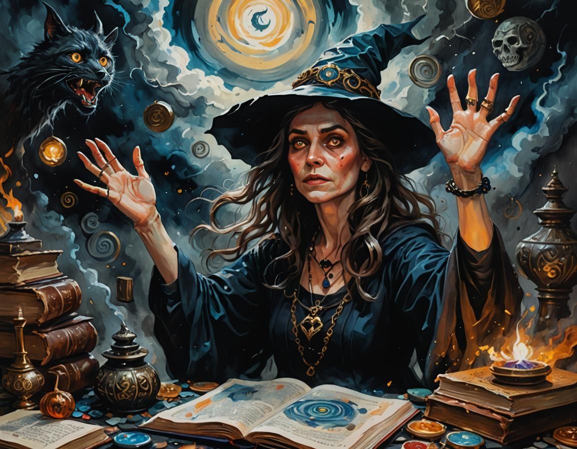 Wild-Eyed Witch Conjuring a Storm as Gouache Painting