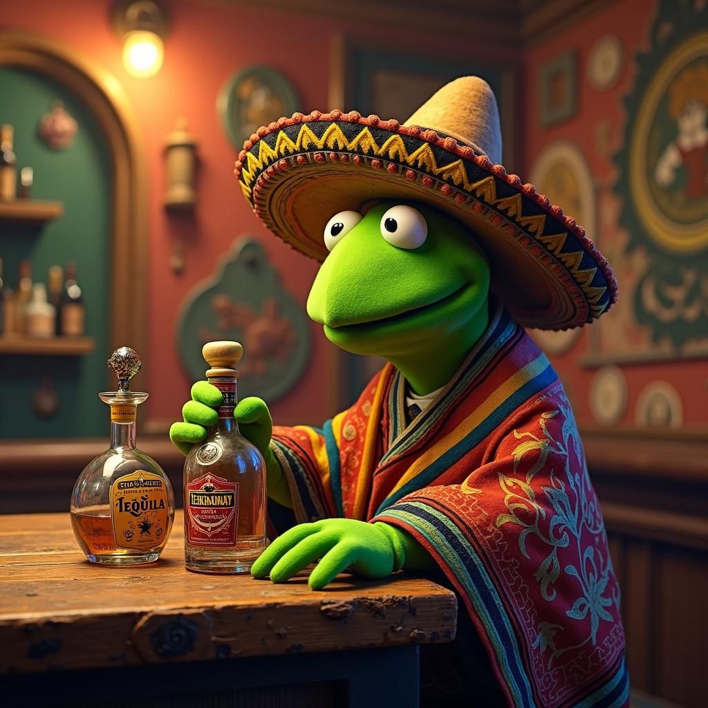 Kermit Sipping Tequila in Latin Folk Art Style