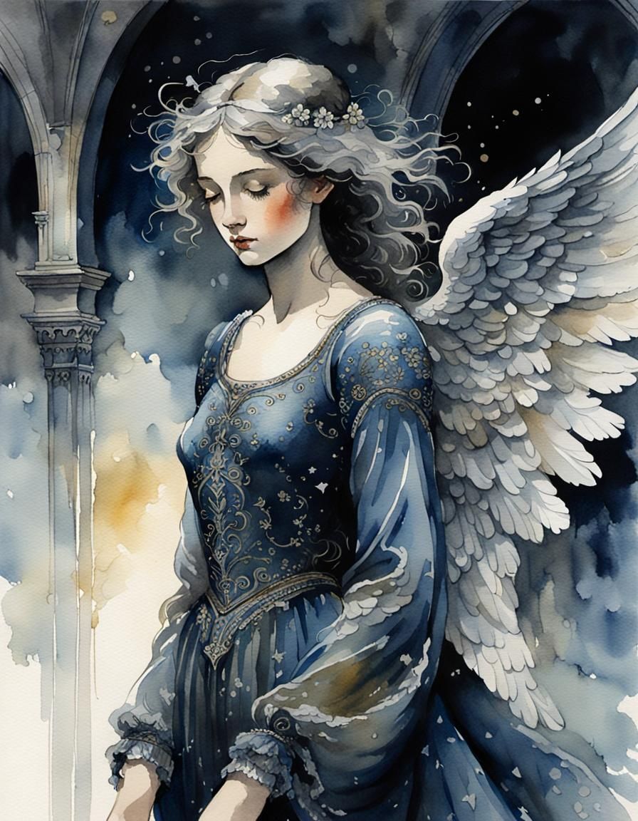 Dark Angel in French Chateau Watercolor