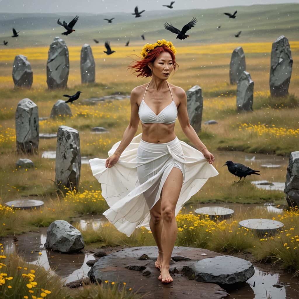 Steppe Ritual: Asian Woman in Meadow