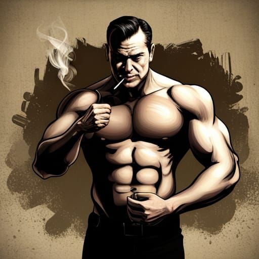 Muscular Cop Smoking: Detailed Matte Painting