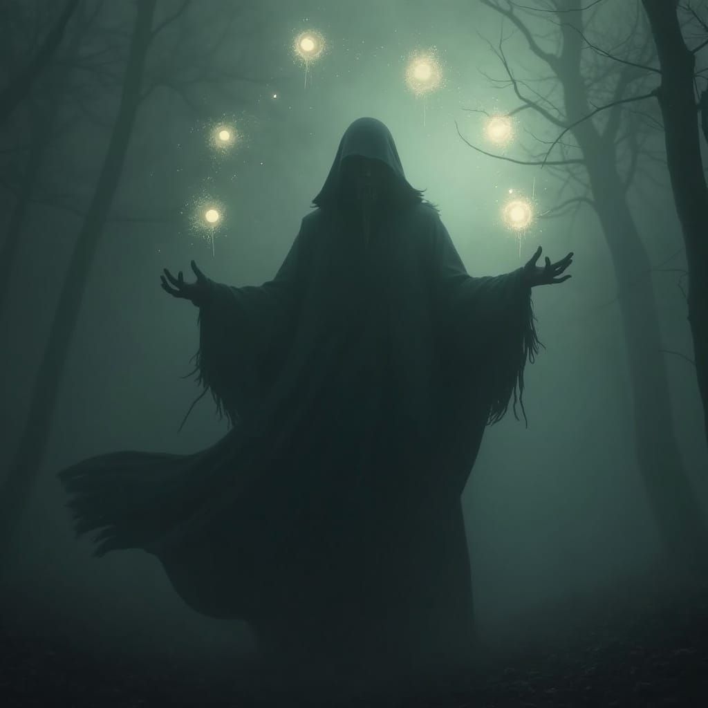 Mysterious Figure Absorbing Energy in Dreamlike Shadows