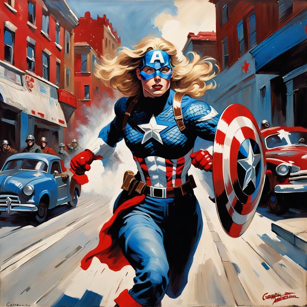 Hyperdetailed Female Captain America Running with Shield