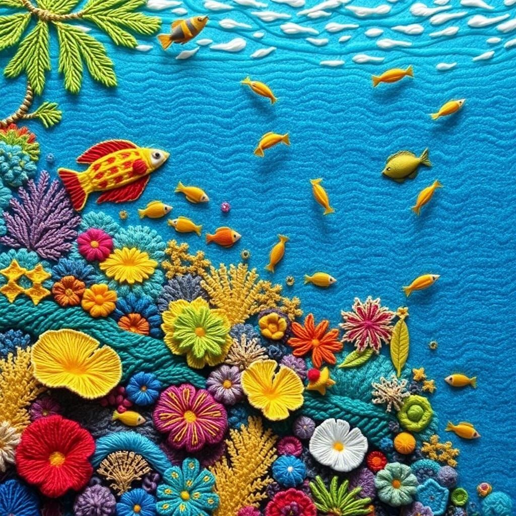 Vibrant Embroidered Coral Reef Scene