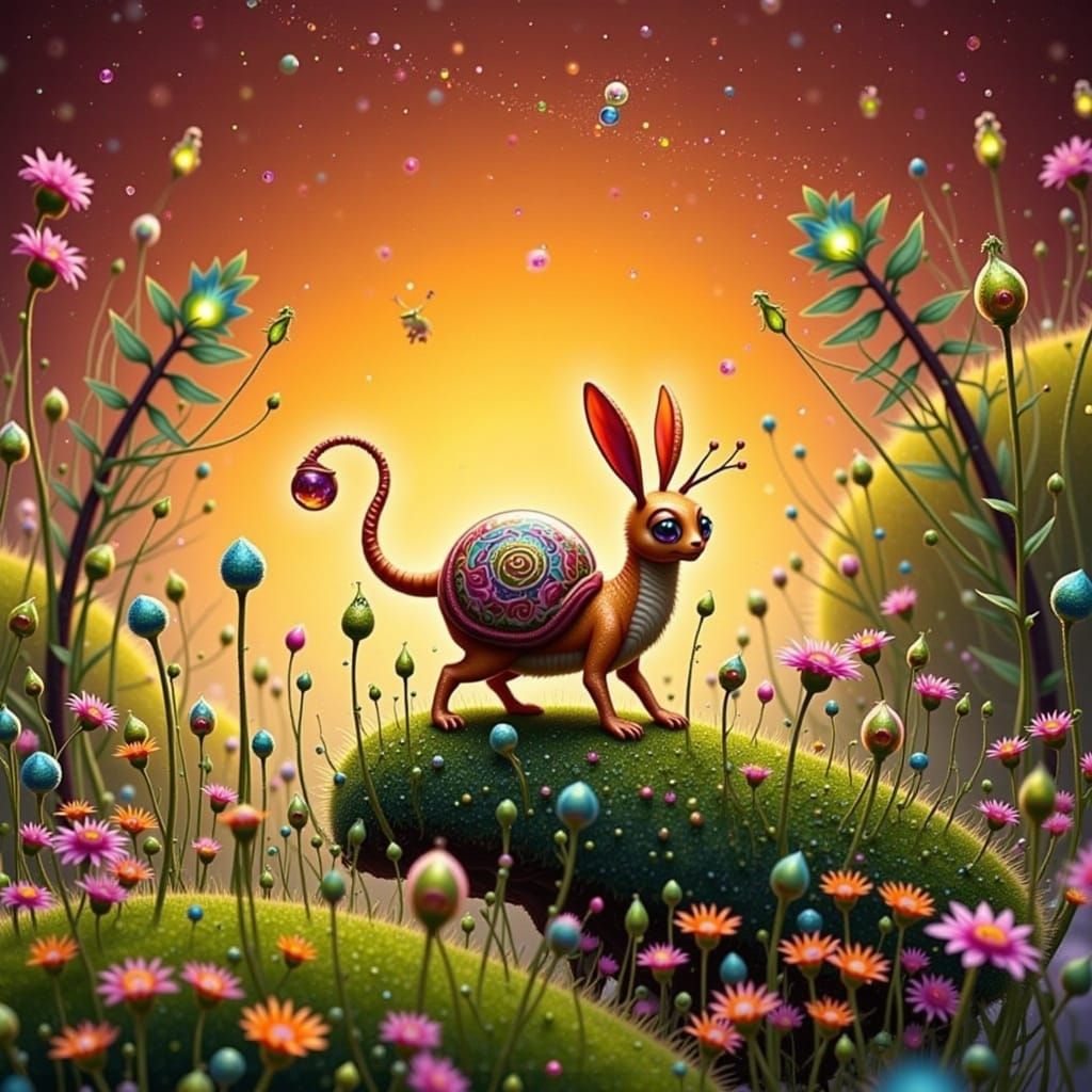 Whimsical Cheetah-Snail Hybrid in a Lush Meadow