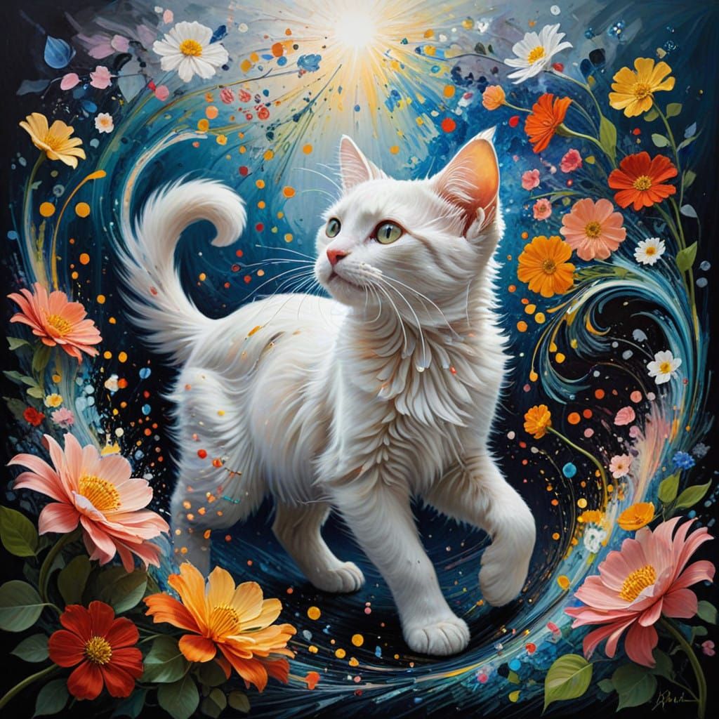 Vibrant Dreamlike Fantasy Scene with Whirling Flowers and Ki...