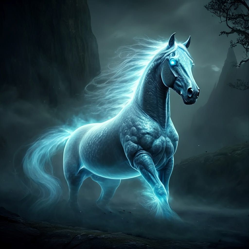 Ethereal Celtic Kelpie Materializes in Moonlit Mist