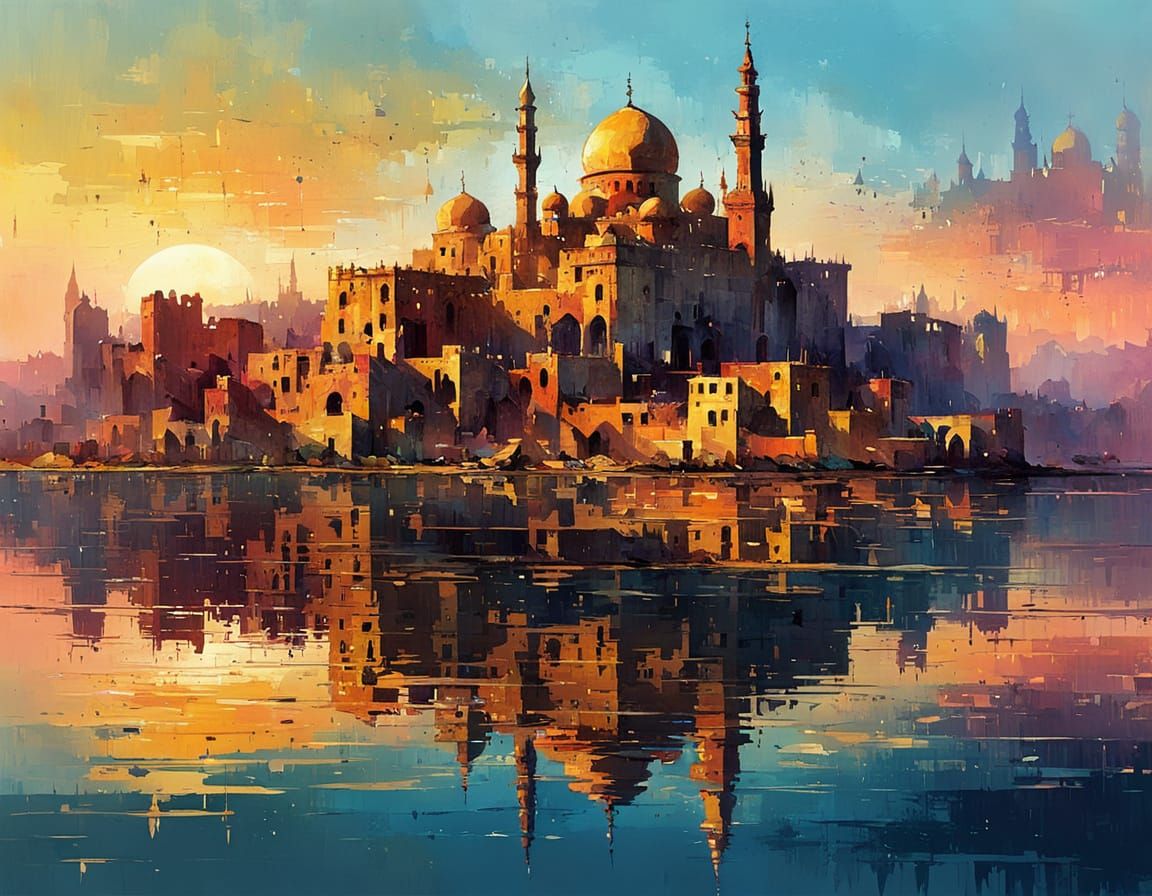 Arabian Ruins Reflected in Sunset Lake, in Abstract Expressi...
