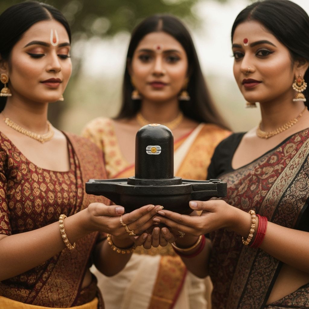 Elegant Women Hold Siva Lingam in Serene Photo