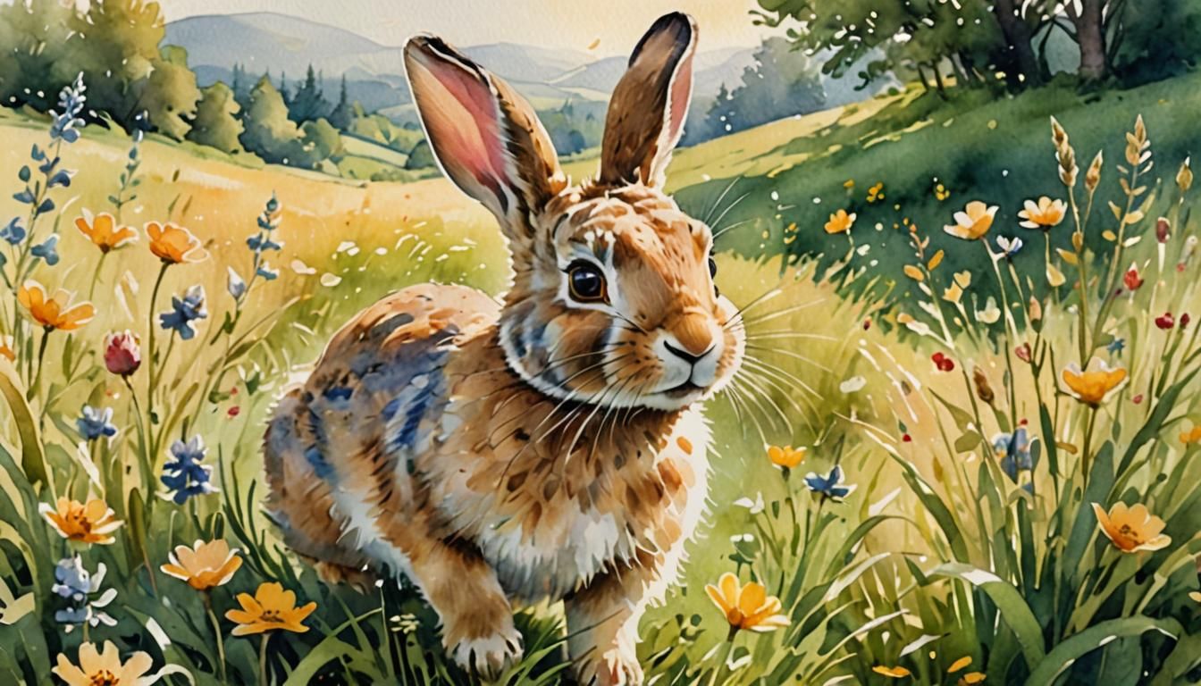 Whimsical Watercolor Rabbit in Sunny Meadow