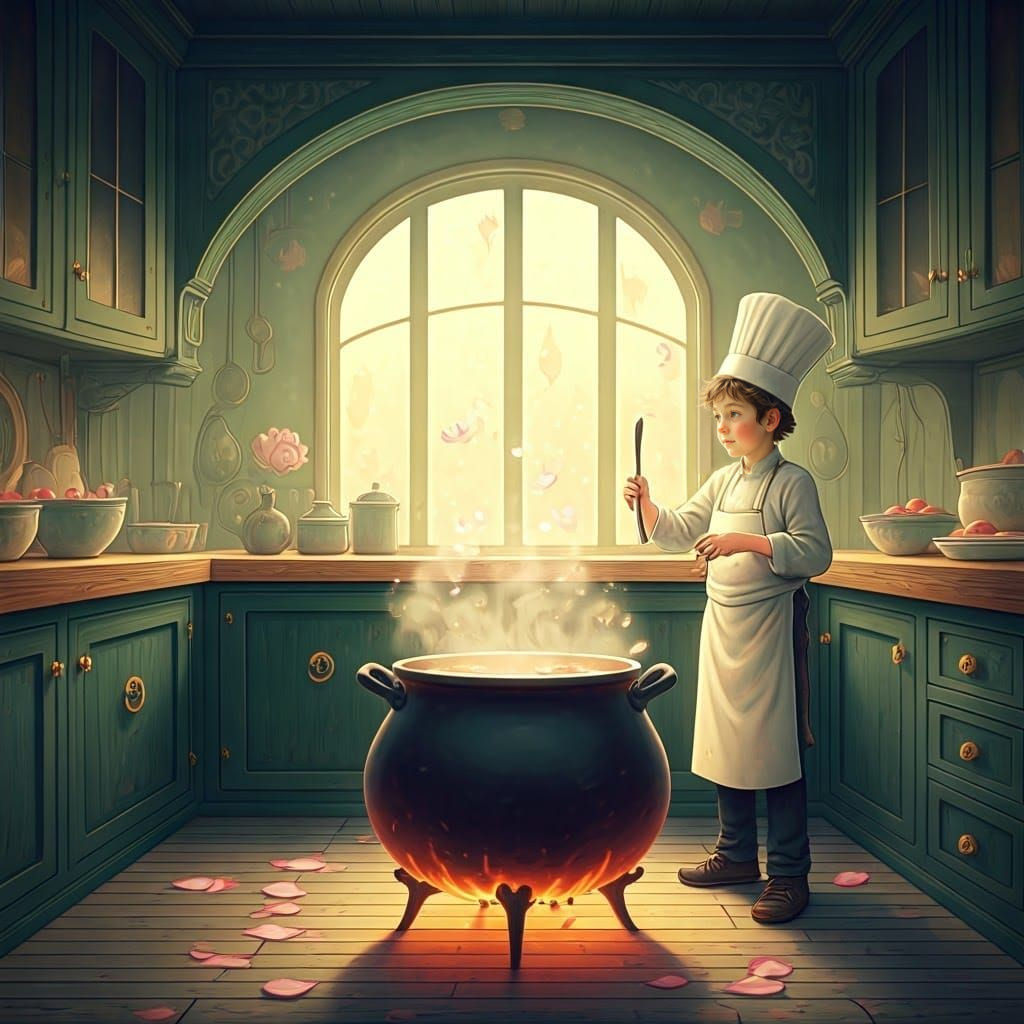 Whimsical Lotus Soup Kitchen Scene in Watercolor Style