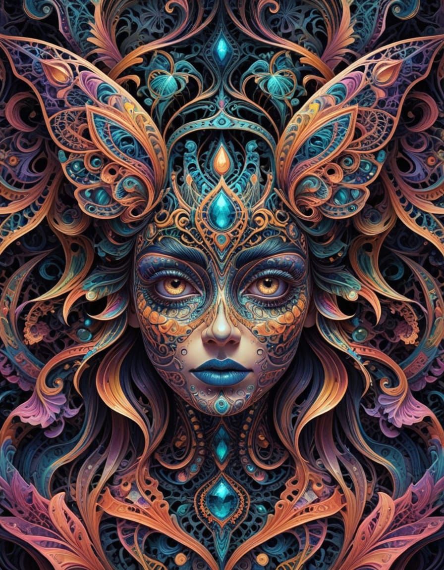 Ethereal Psychedelic Masterpiece in Intricate Line Art Style
