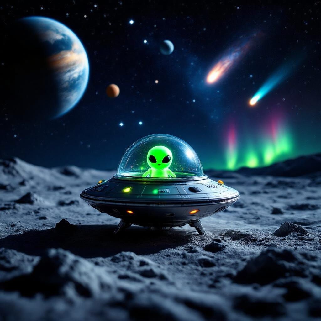 Miniature Alien Spaceship on the Moon in Hyperrealism