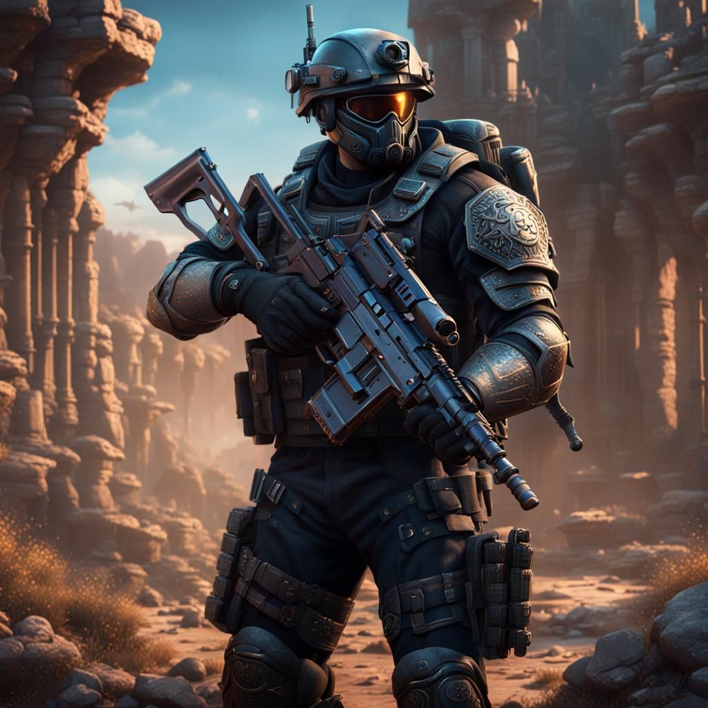 Guarded Soldier in Black Armor: Fantasy Concept Art