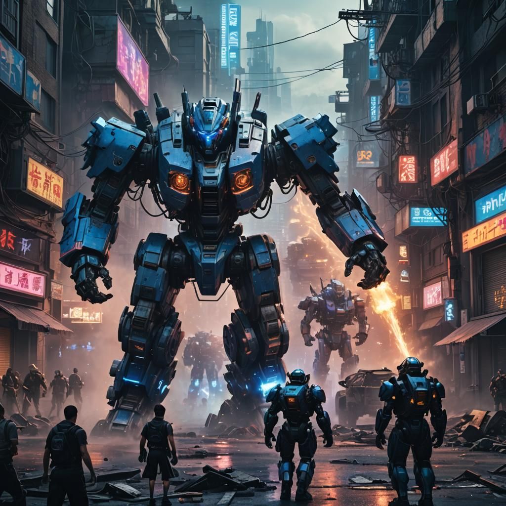 Mecha Battle in Ruined Cyberpunk City