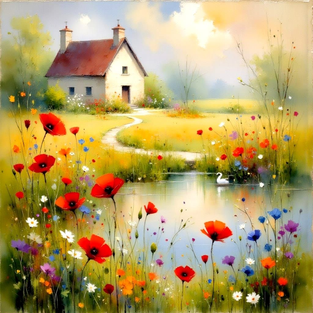 Dreamy Impressionist Landscape with Vibrant Poppies and Anci...