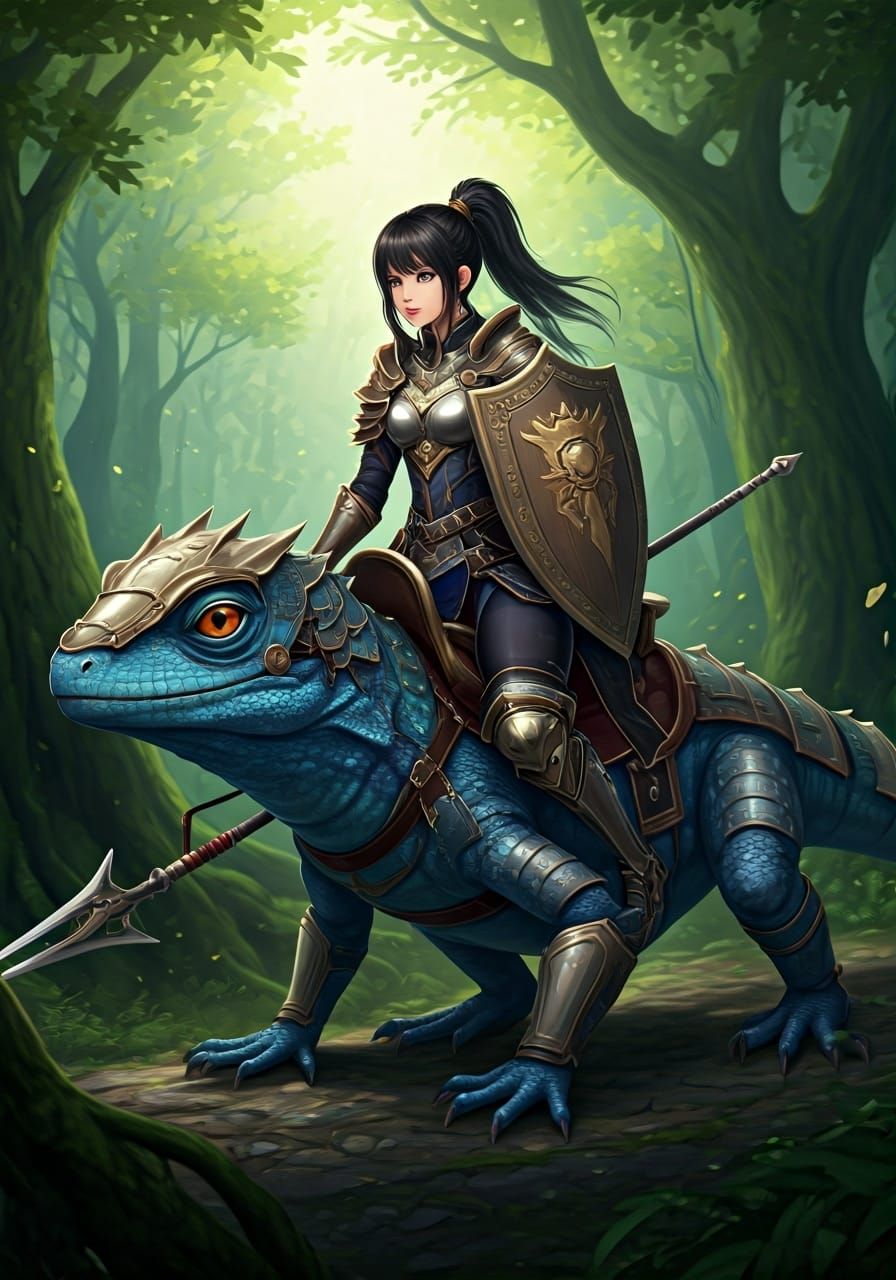 Armored Noblewoman Rides Lizard in Mystical Forest