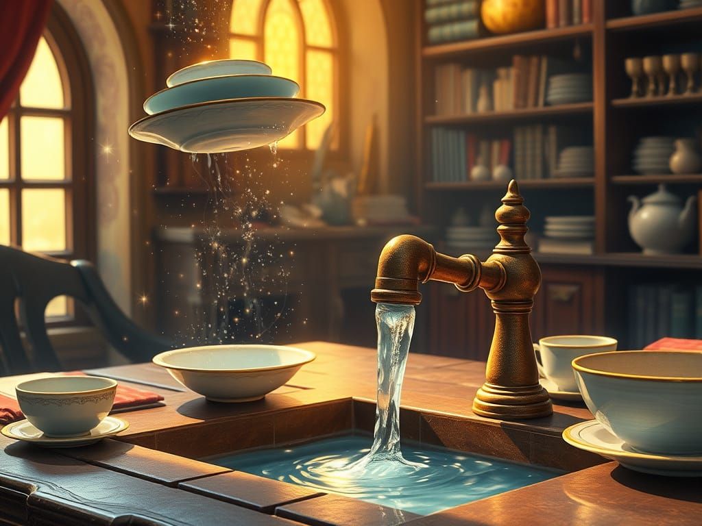 Magical Self-Cleaning Tableware in a Wizard's Study