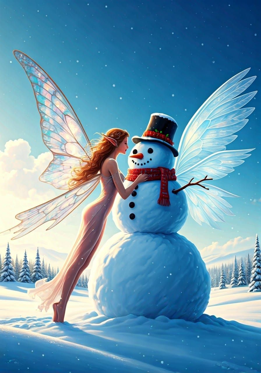 Ethereal Fairy Builds Majestic Snowman in Winter Wonderland