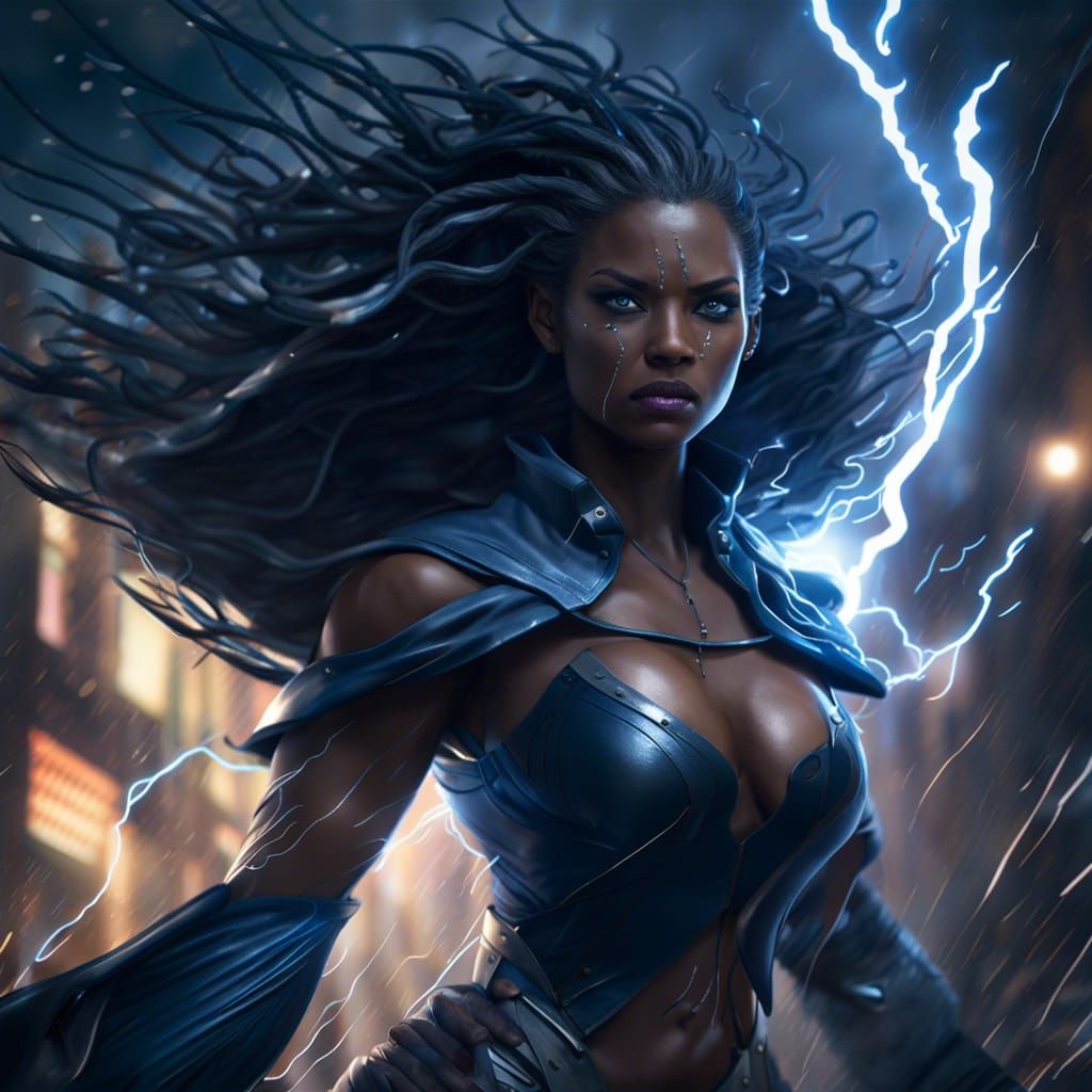 Female Storm Spirit in Fantastical Cityscape