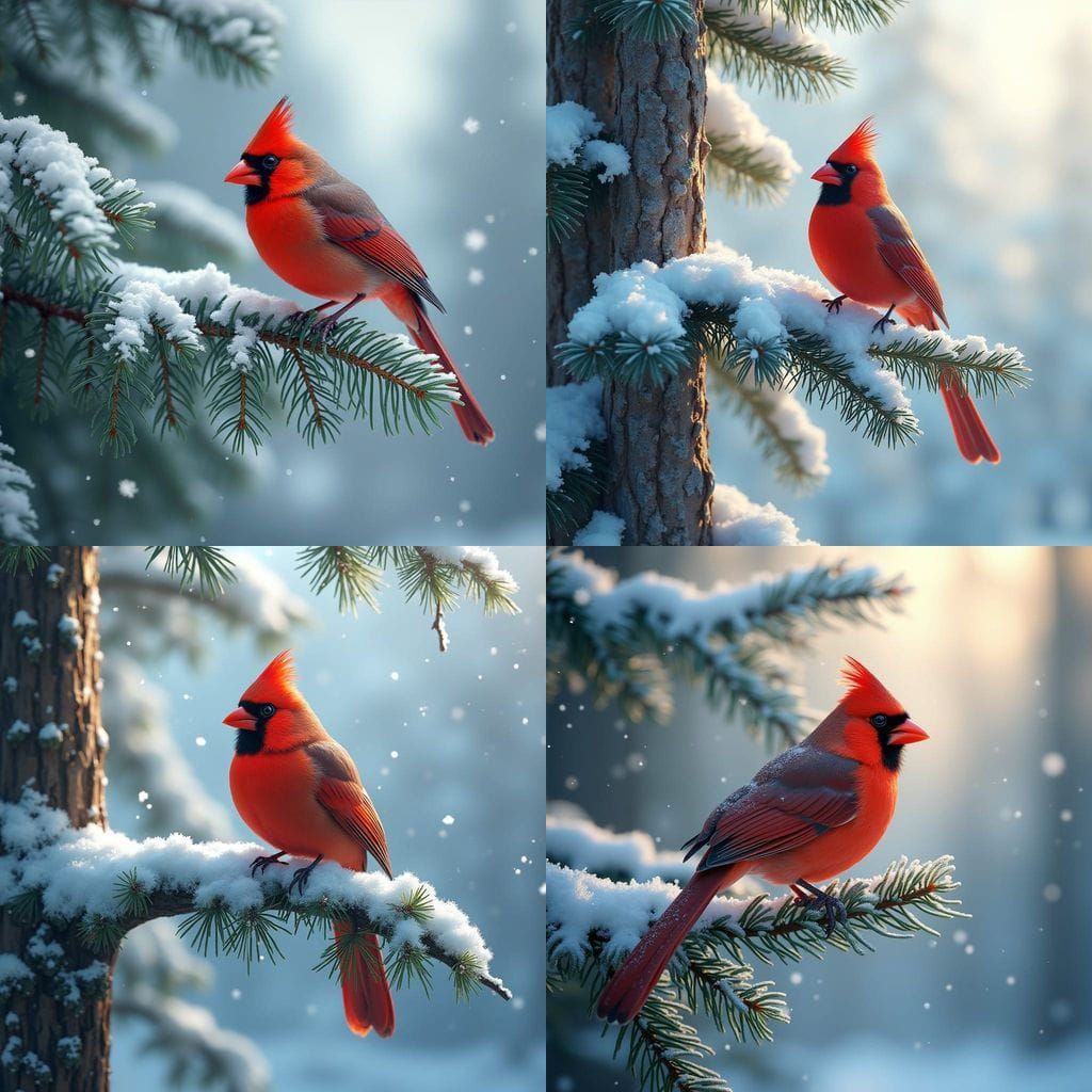 Realistic Cardinal Perched on Pine Tree in Snowy Landscape