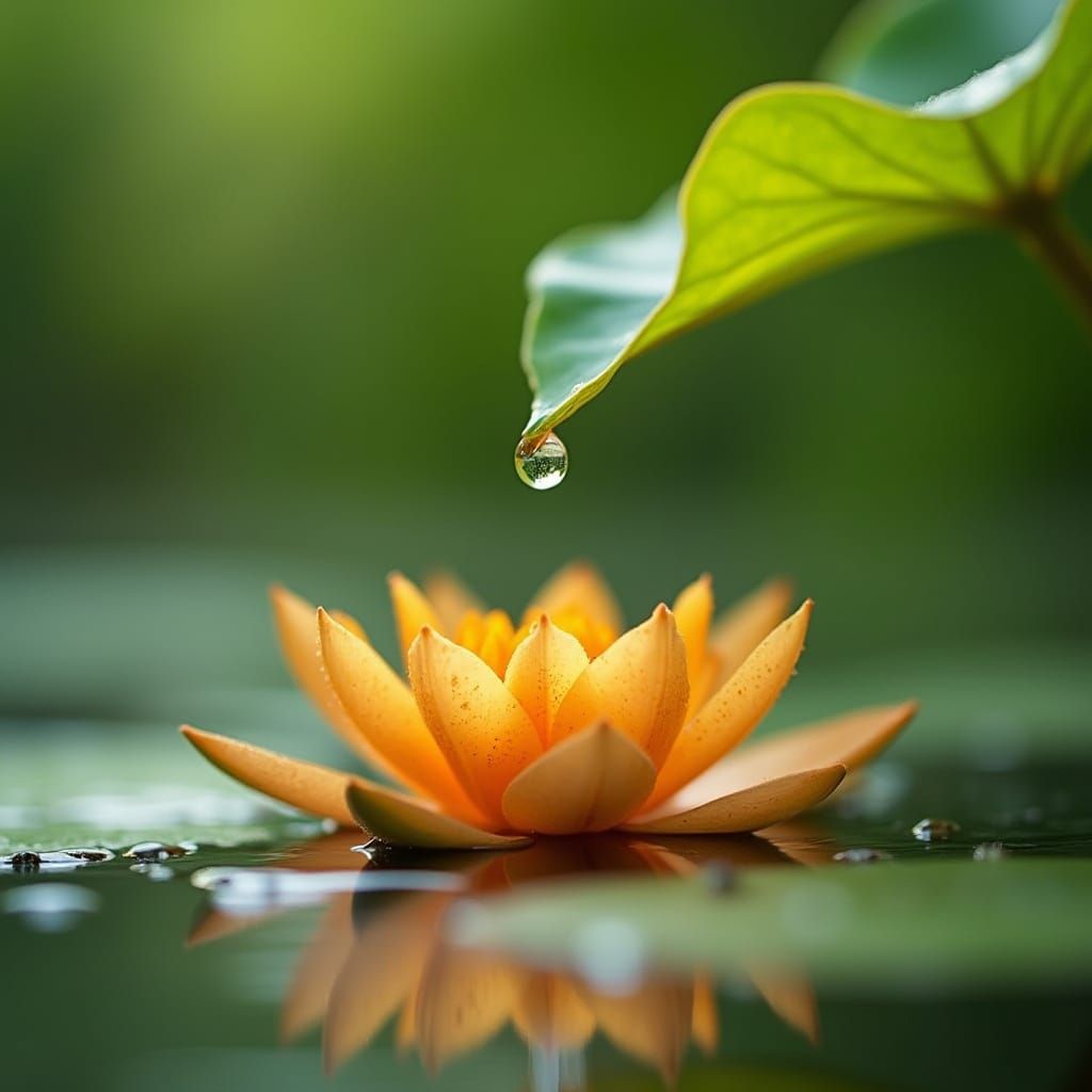 Water Droplet on Leaf: Serene Pond Reflection