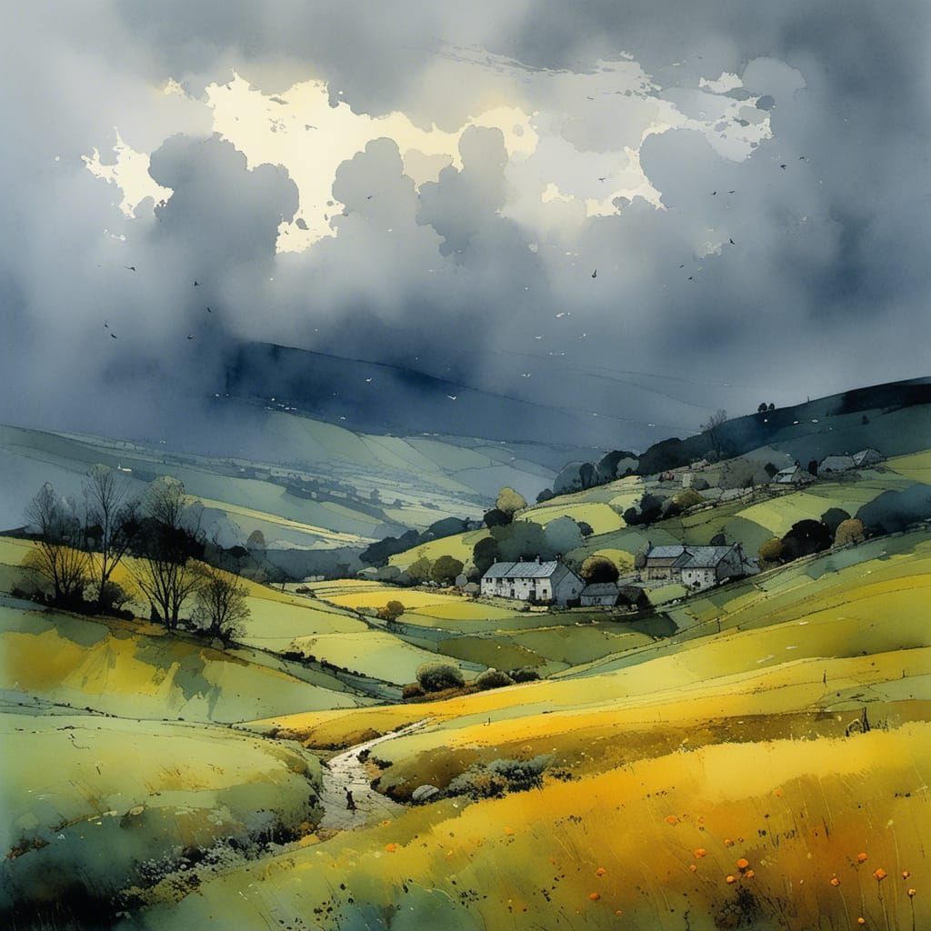 Sun and Rain in Hilly Landscape: Watercolor Art