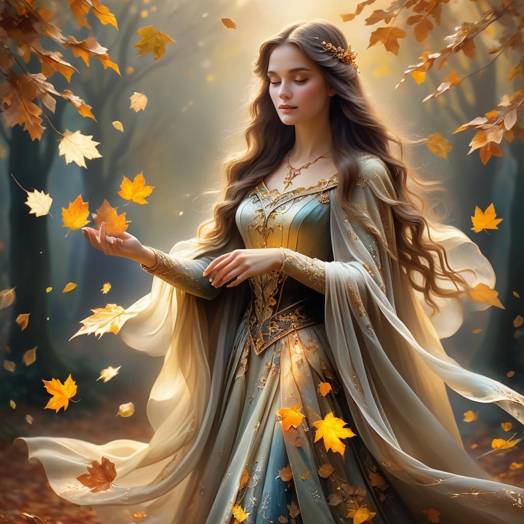 Ethereal Woman Creates Autumn Leaves in Golden Light